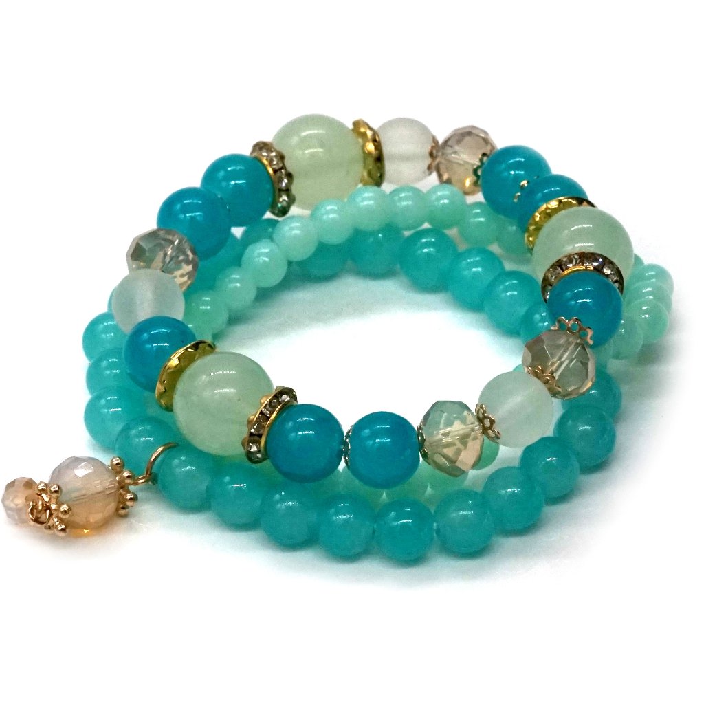 Bracelet Three Strands Teal Gold Beads 18$